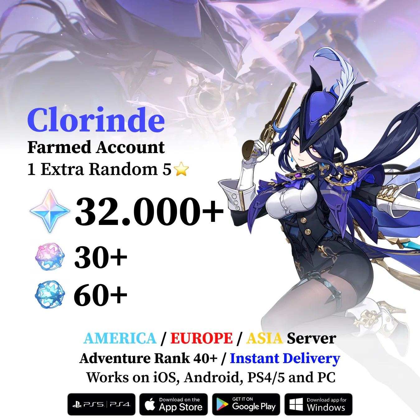 Clorinde Reroll Account with 30.000 Primogems