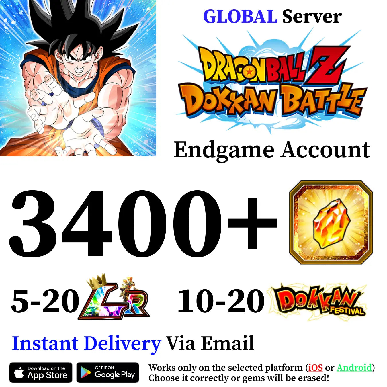 Dragon Ball Z Dokkan Battle Farmed Account with 3400 Dragon Stones [Android/iOS]