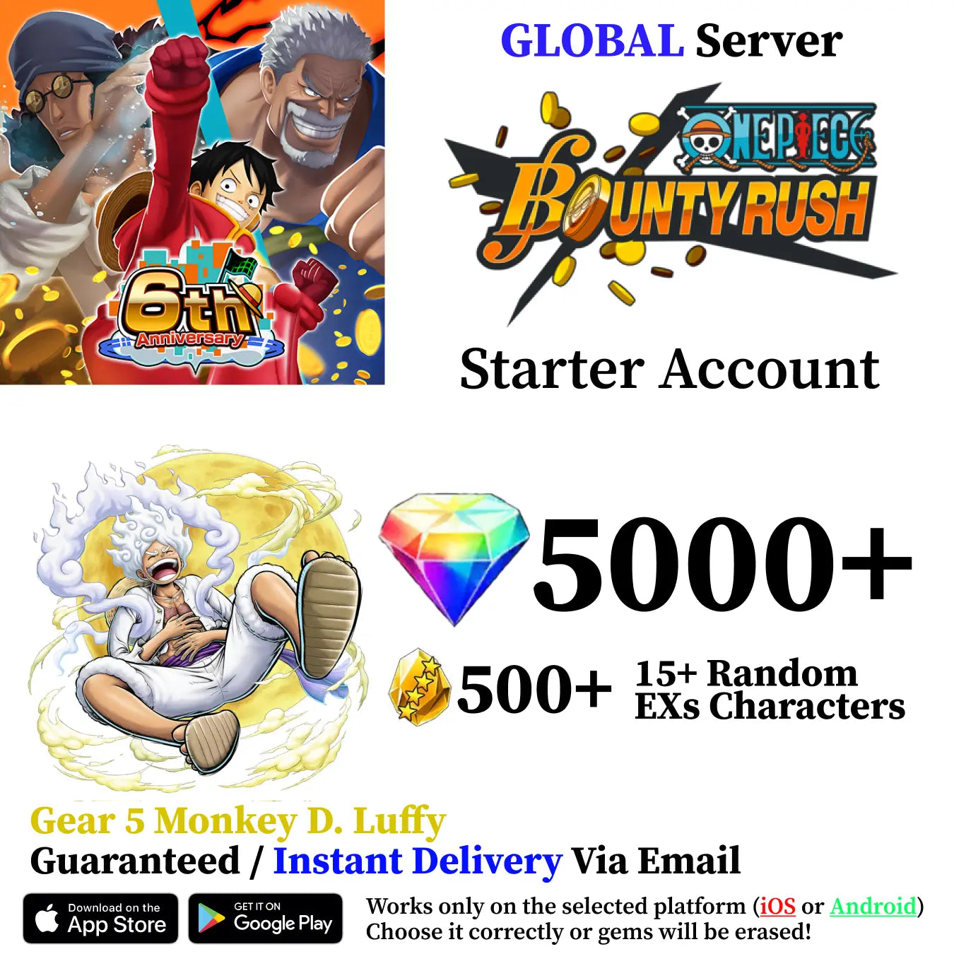 Gear 5 Monkey D. Luffy OPBR Starter Reroll Account [Global]