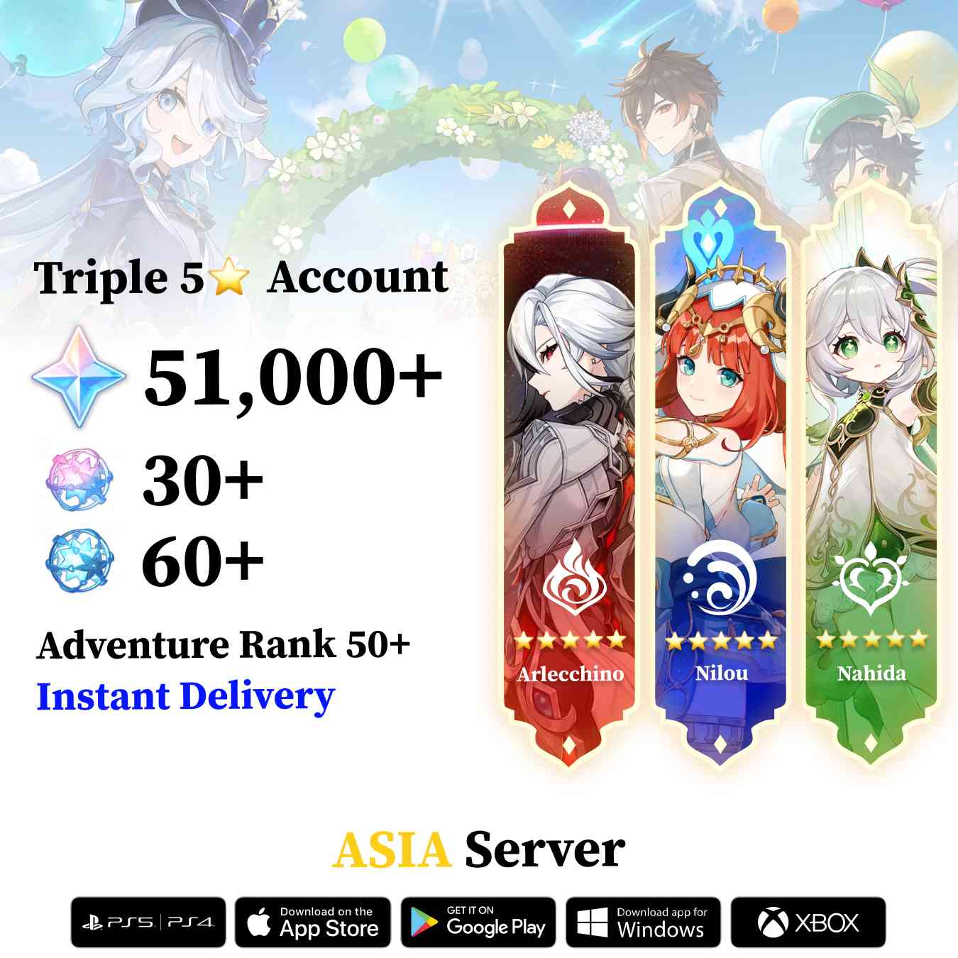 Triple 5 Star with 50.000 Primogems - Genshin Reroll Account [Asia]