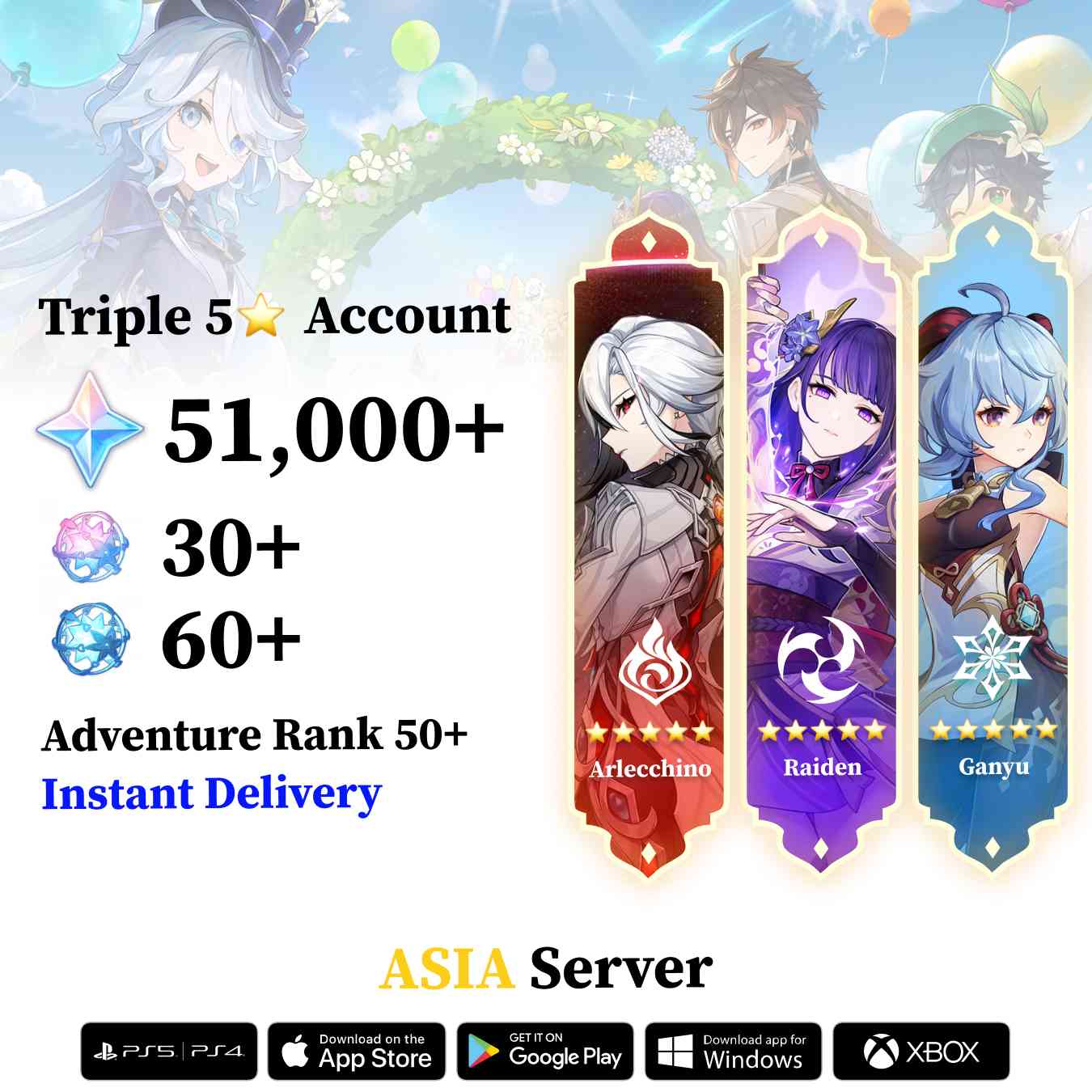 Triple 5 Star with 50.000 Primogems - Genshin Reroll Account [Asia]