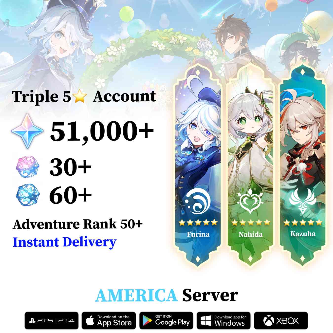 Triple 5 Star with 50.000 Primogems - Genshin Reroll Account [America]