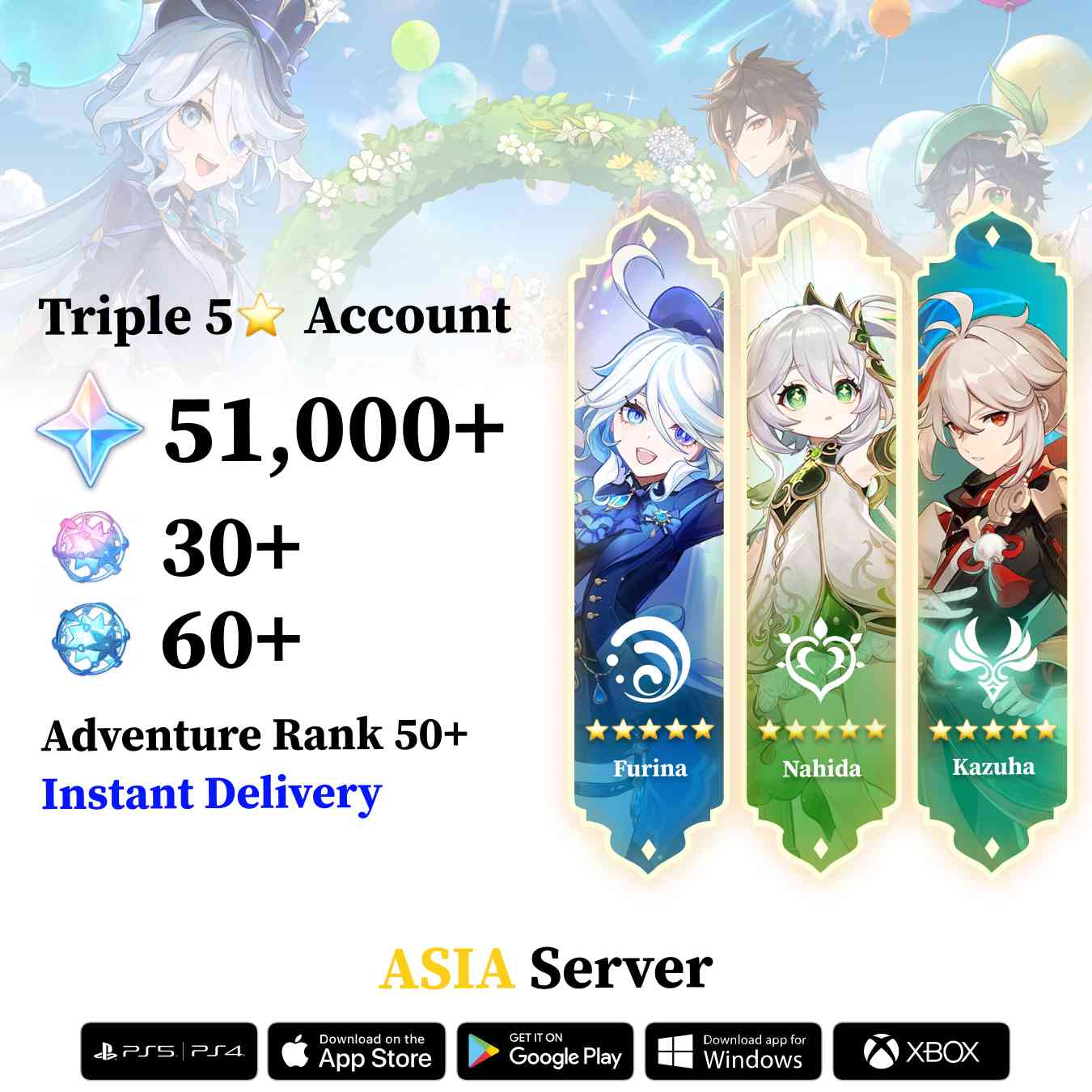 Triple 5 Star with 50.000 Primogems - Genshin Reroll Account [Asia]