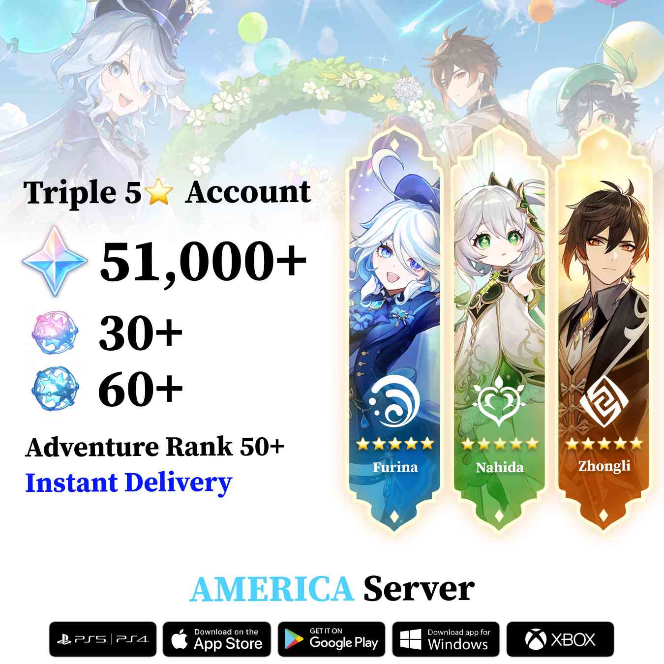 Triple 5 Star with 50.000 Primogems - Genshin Reroll Account [America]