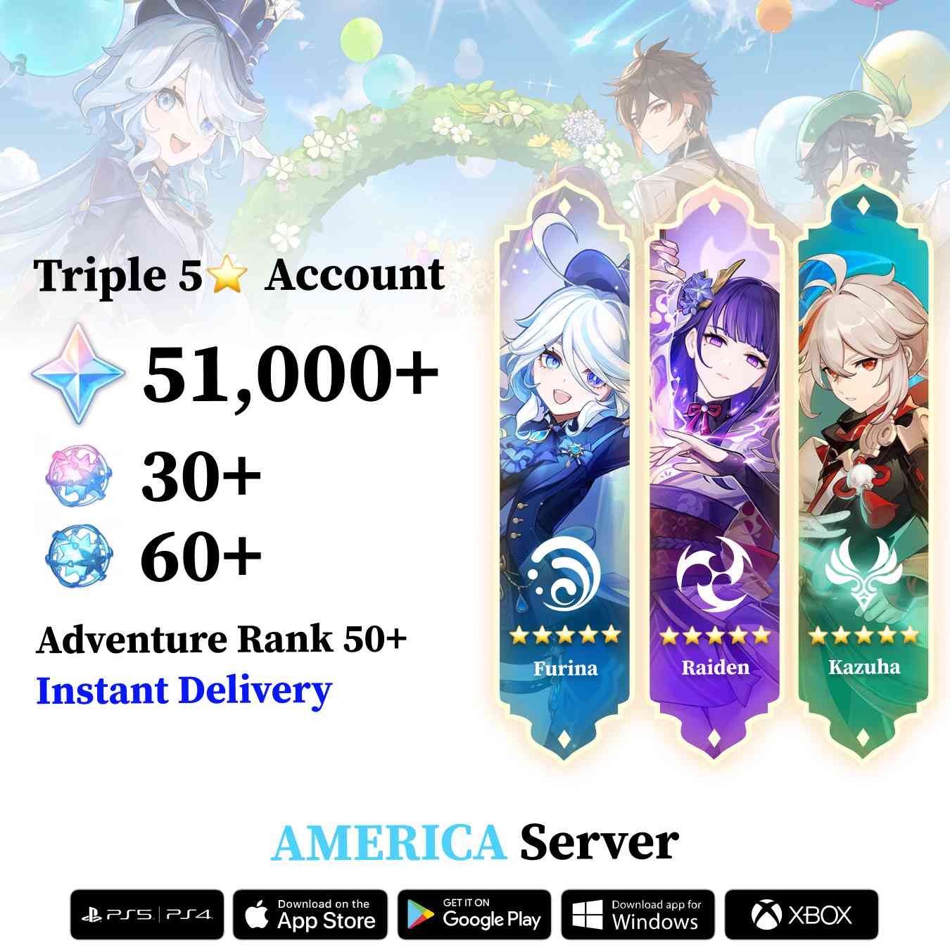 Triple 5 Star with 50.000 Primogems - Genshin Reroll Account [America]