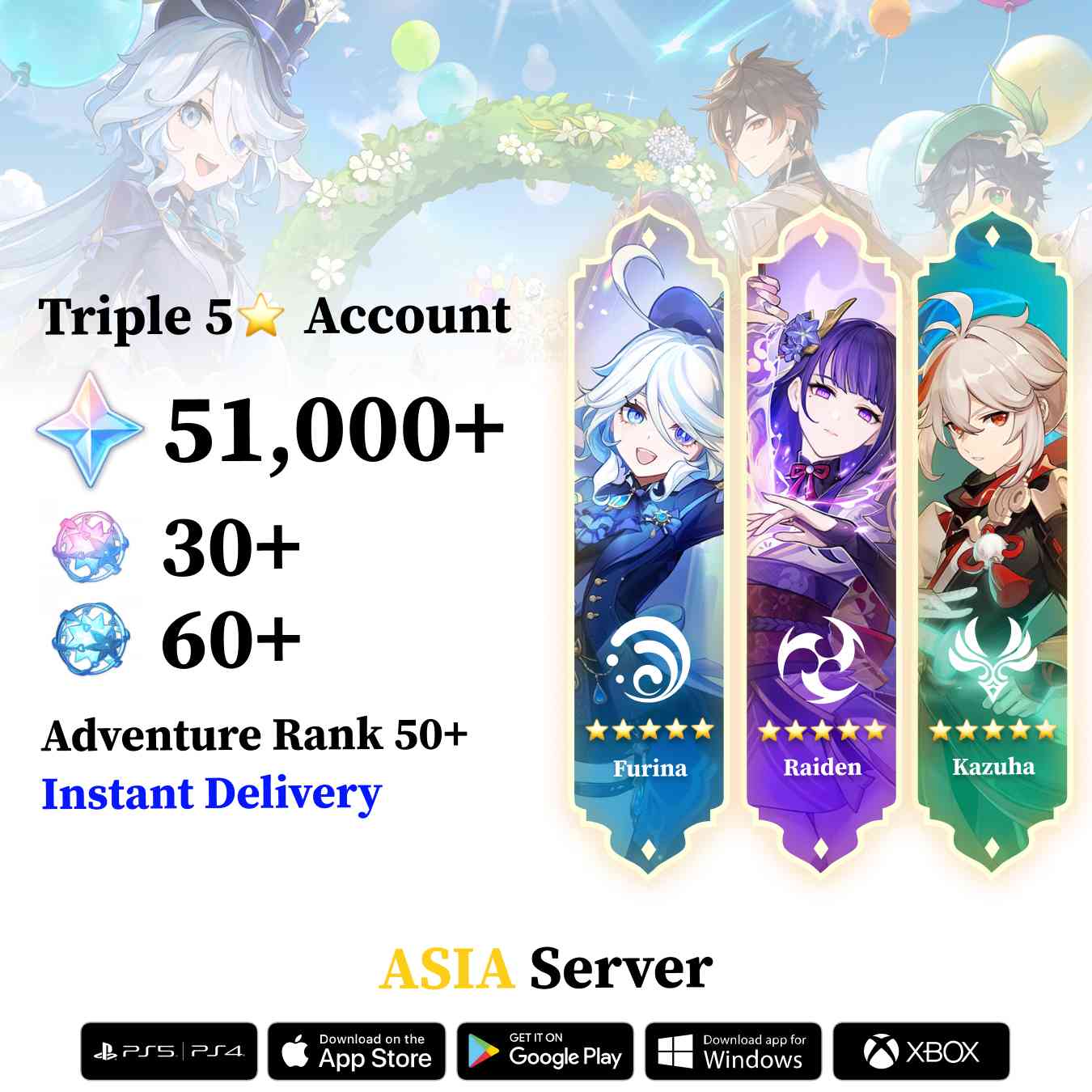 Triple 5 Star with 50.000 Primogems - Genshin Reroll Account [Asia]