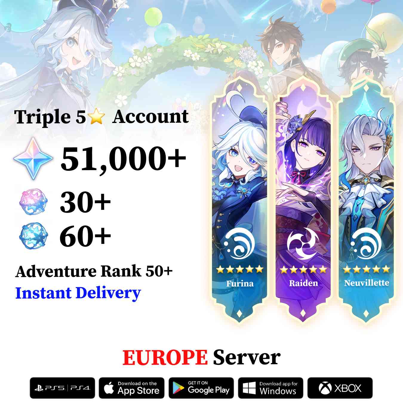 Triple 5 Star with 50.000 Primogems - Genshin Reroll Account [Europe]