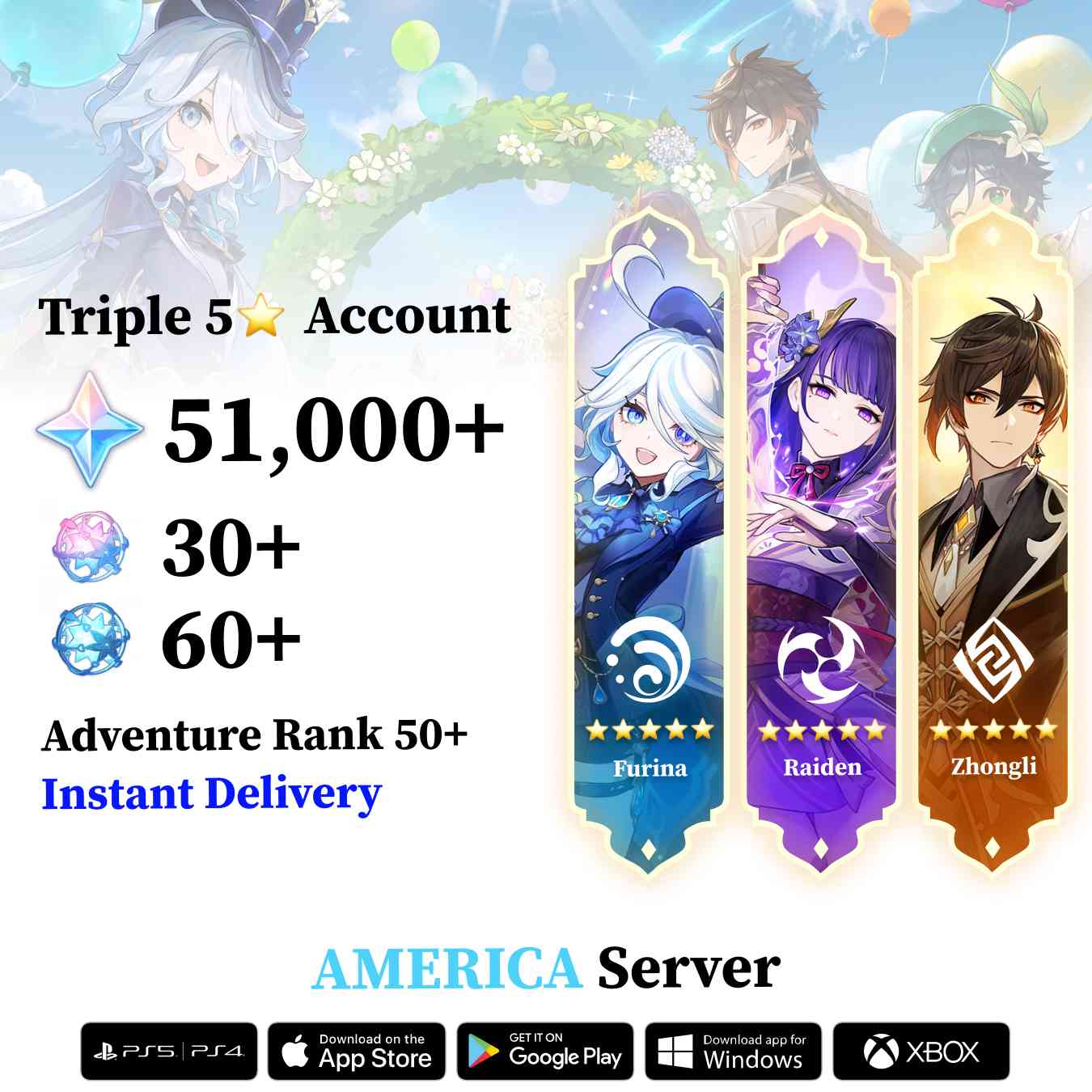 Triple 5 Star with 50.000 Primogems - Genshin Reroll Account [America]