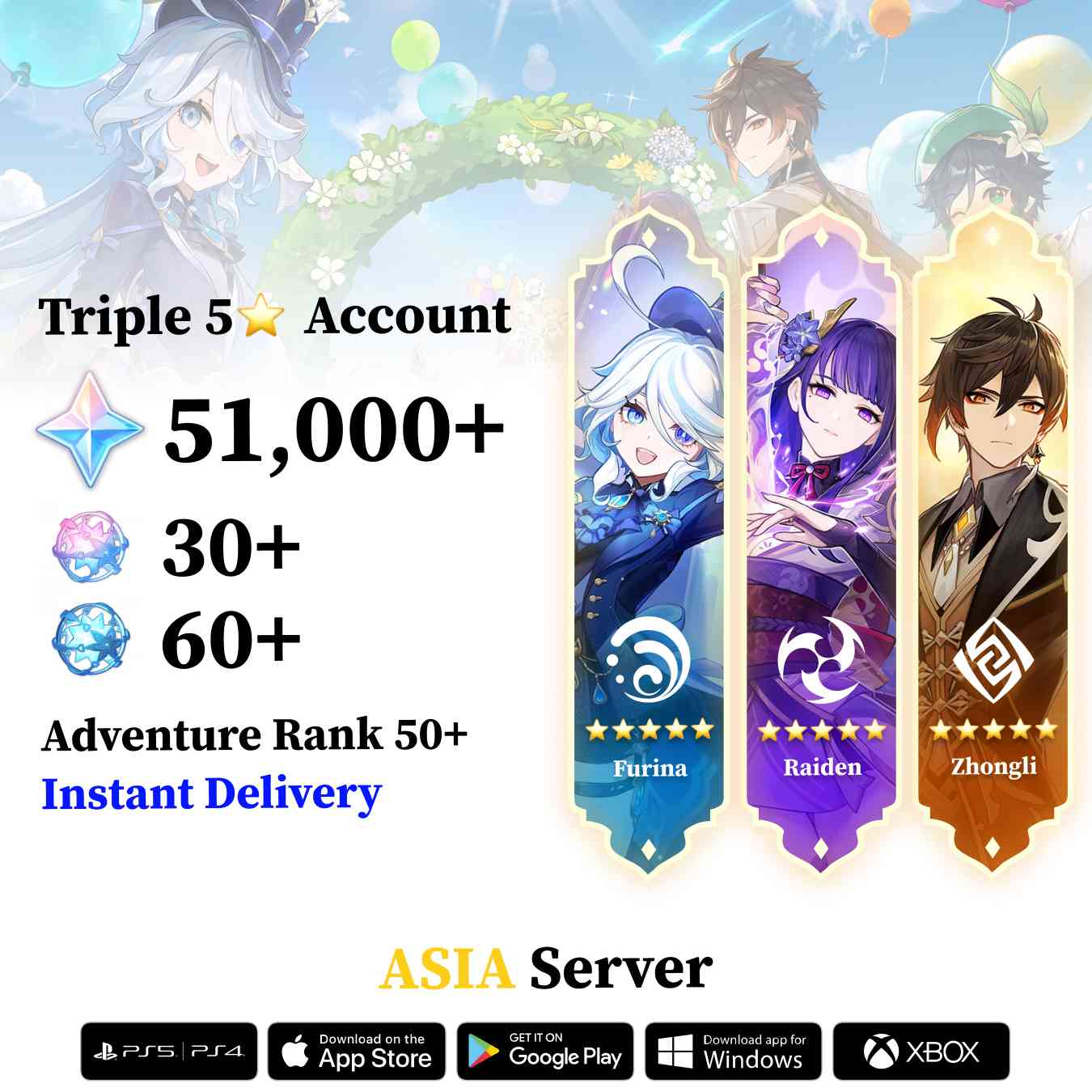 Triple 5 Star with 50.000 Primogems - Genshin Reroll Account [Asia]