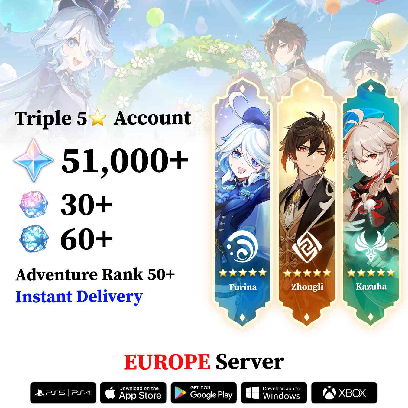 Triple 5 Star with 50.000 Primogems - Genshin Reroll Account [Europe]