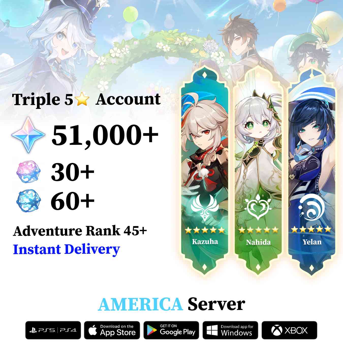 Triple 5 Star with 50.000 Primogems - Genshin Reroll Account [America]