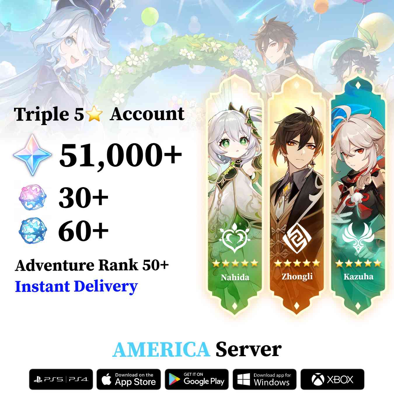 Triple 5 Star with 50.000 Primogems - Genshin Reroll Account [America]