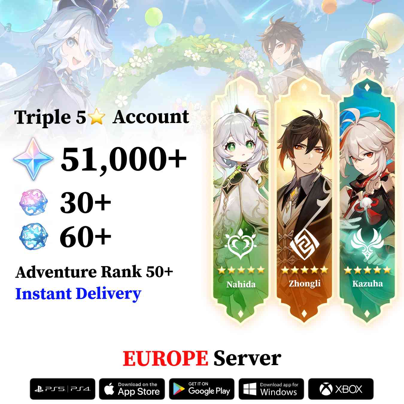 Triple 5 Star with 50.000 Primogems - Genshin Reroll Account [Europe]