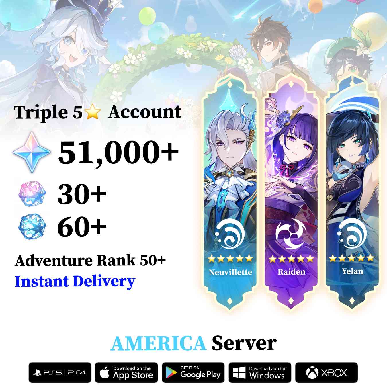 Triple 5 Star with 50.000 Primogems - Genshin Reroll Account [America]