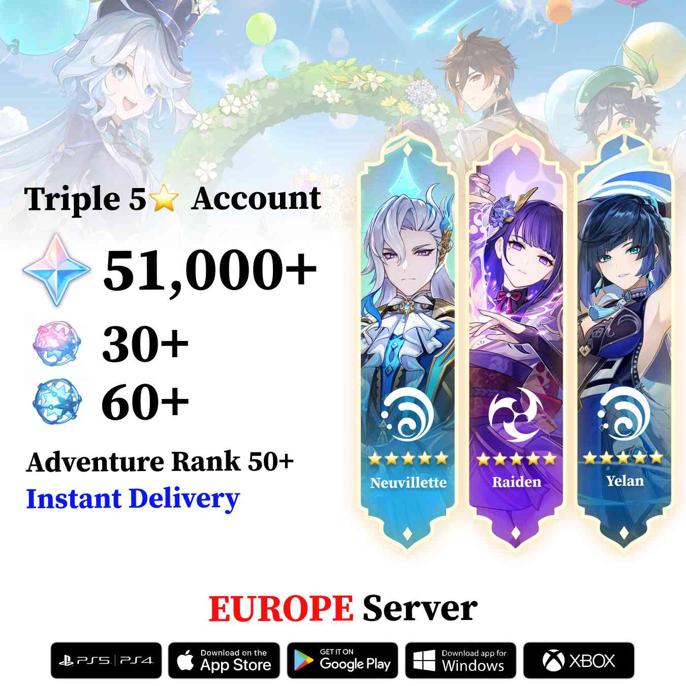 Triple 5 Star with 50.000 Primogems - Genshin Reroll Account [Europe]