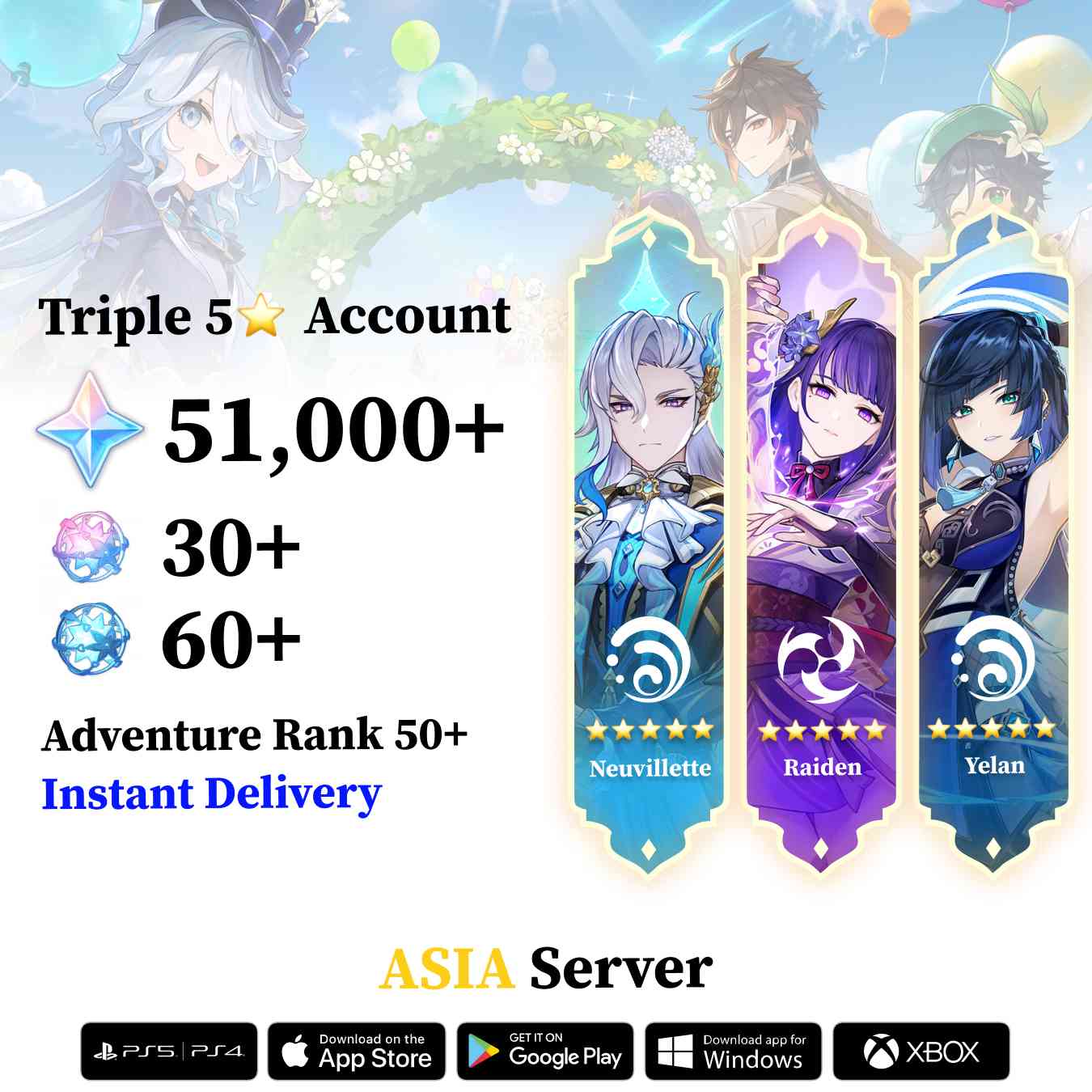 Triple 5 Star with 50.000 Primogems - Genshin Reroll Account [Asia]