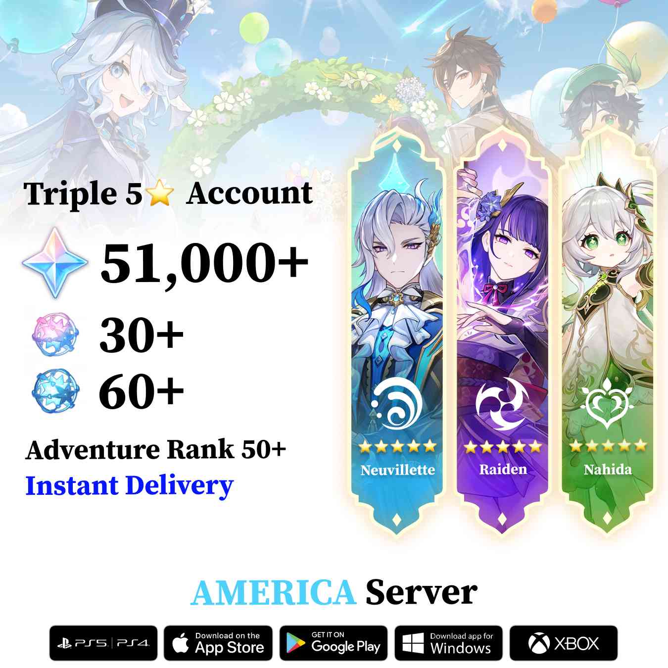 Triple 5 Star with 50.000 Primogems - Genshin Reroll Account [America]