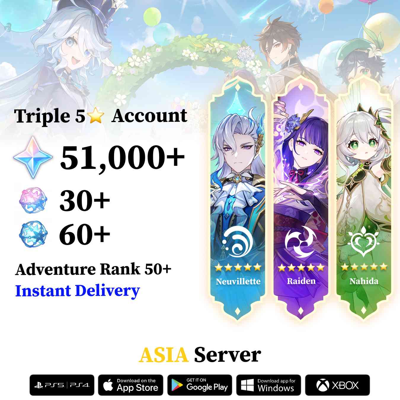 Triple 5 Star with 50.000 Primogems - Genshin Reroll Account [Asia]