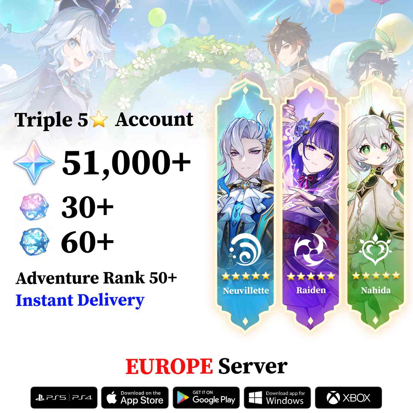 Triple 5 Star with 50.000 Primogems - Genshin Reroll Account [Europe]