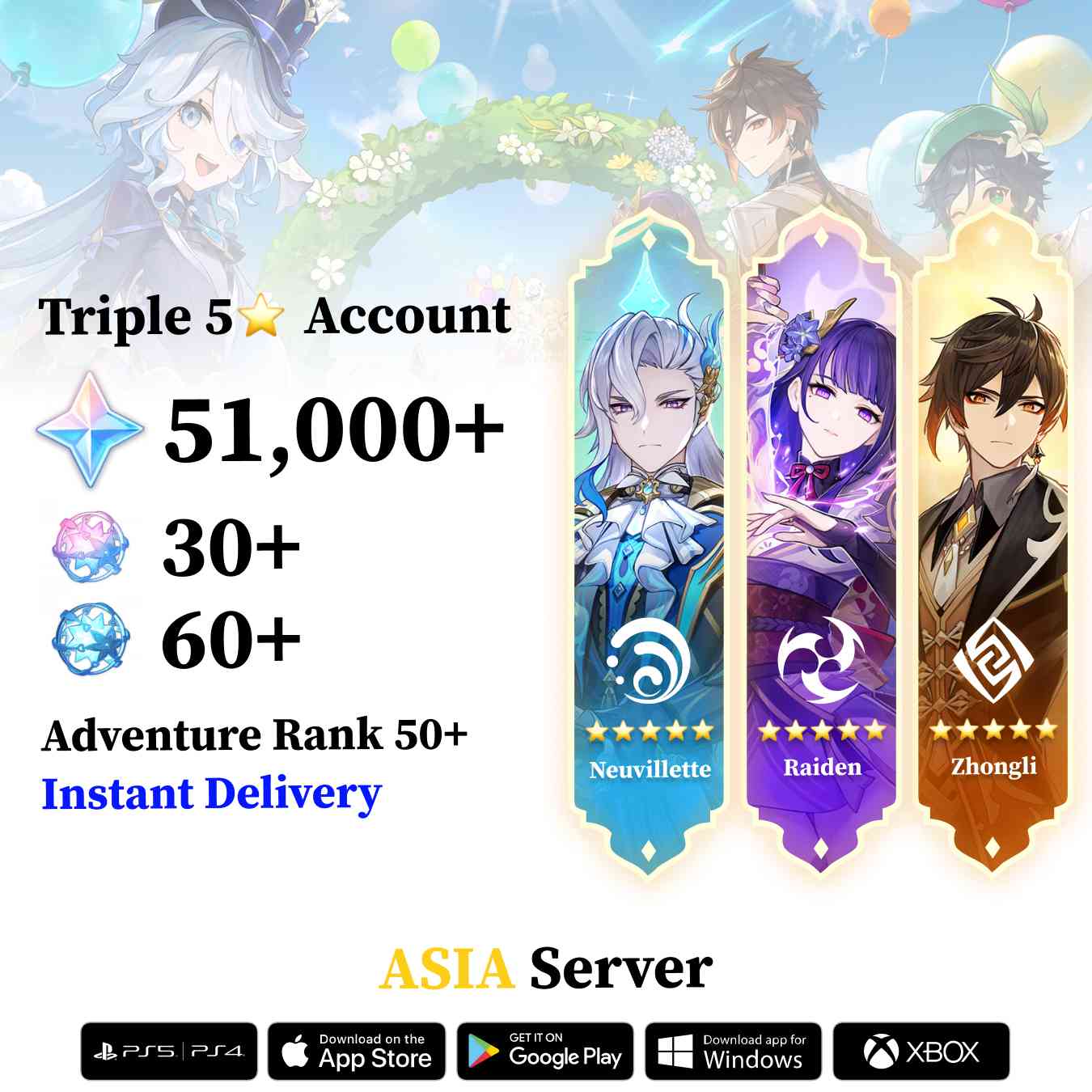 Triple 5 Star with 50.000 Primogems - Genshin Reroll Account [Asia]