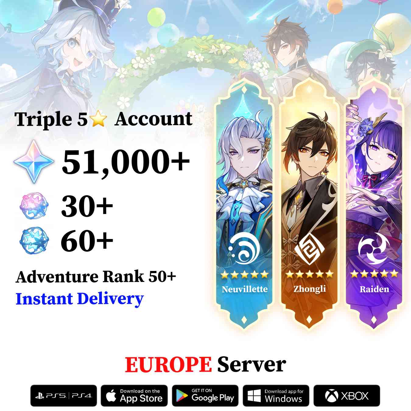 Triple 5 Star with 50.000 Primogems - Genshin Reroll Account [Europe]