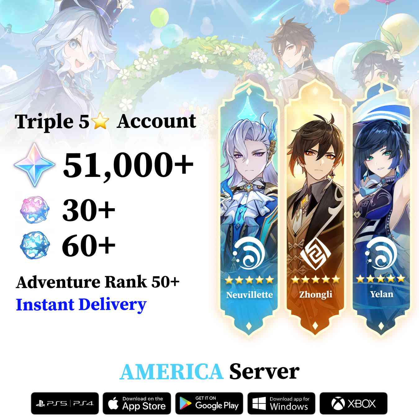 Triple 5 Star with 50.000 Primogems - Genshin Reroll Account [America]