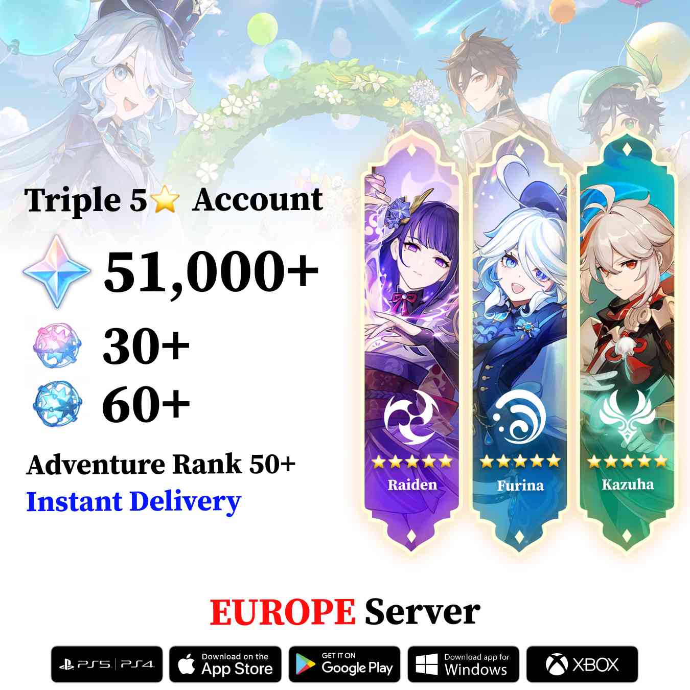 Triple 5 Star with 50.000 Primogems - Genshin Reroll Account [Europe]