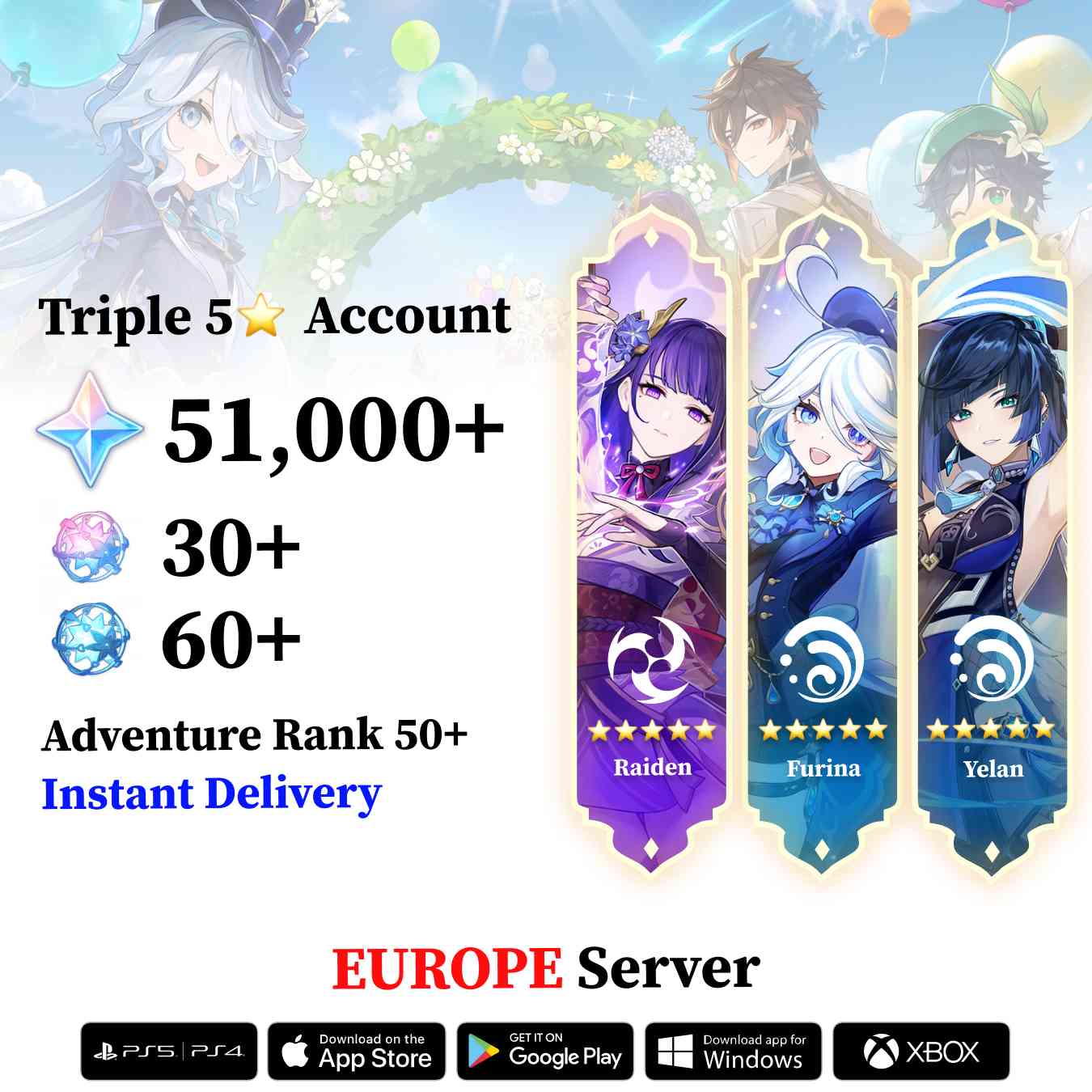 Triple 5 Star with 50.000 Primogems - Genshin Reroll Account [Europe]