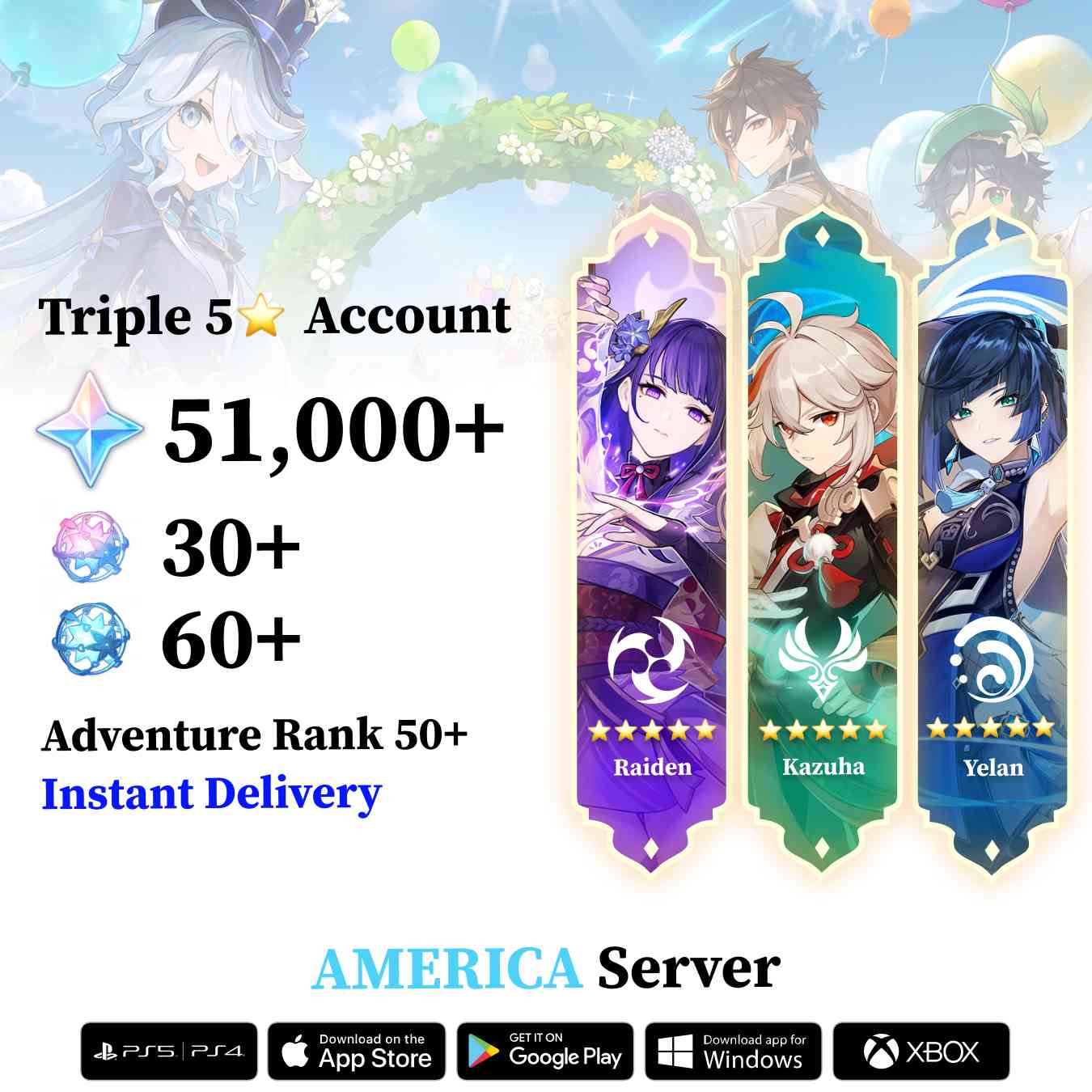 Triple 5 Star with 50.000 Primogems - Genshin Reroll Account [America]