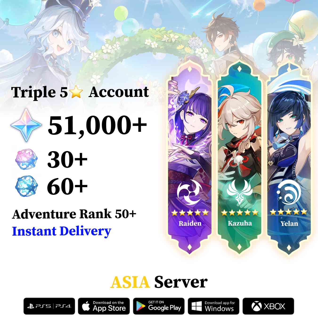 Triple 5 Star with 50.000 Primogems - Genshin Reroll Account [Asia]