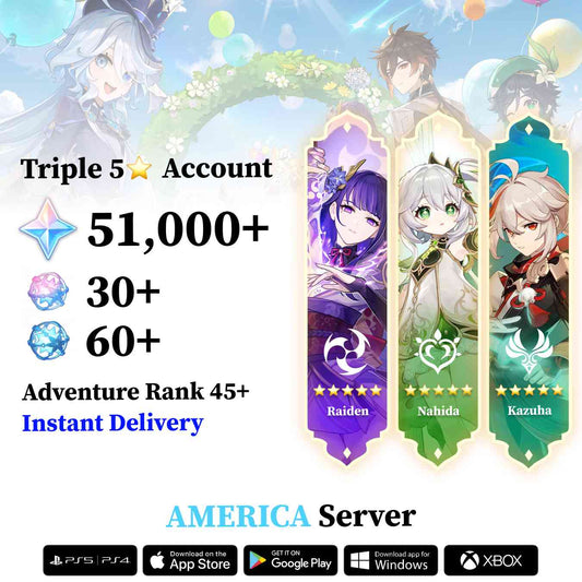 Triple 5 Star with 50.000 Primogems - Genshin Reroll Account [America]