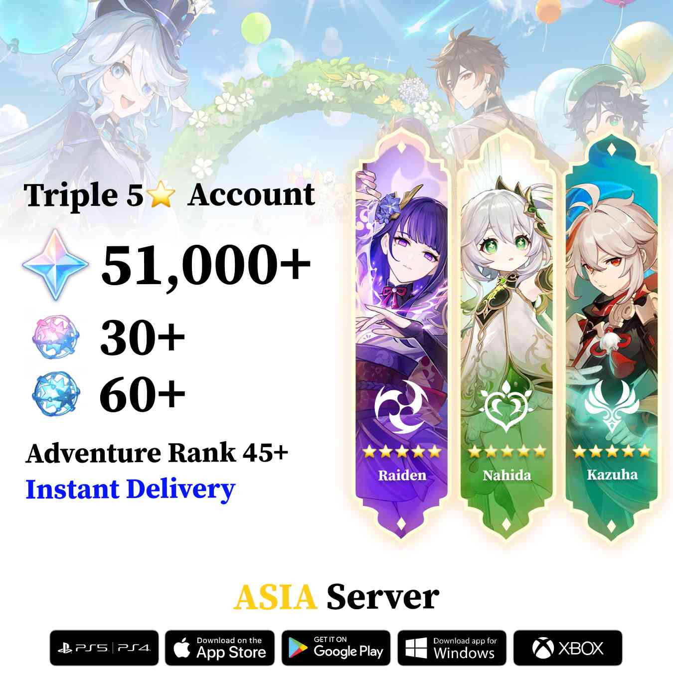 Triple 5 Star with 50.000 Primogems - Genshin Reroll Account [Asia]