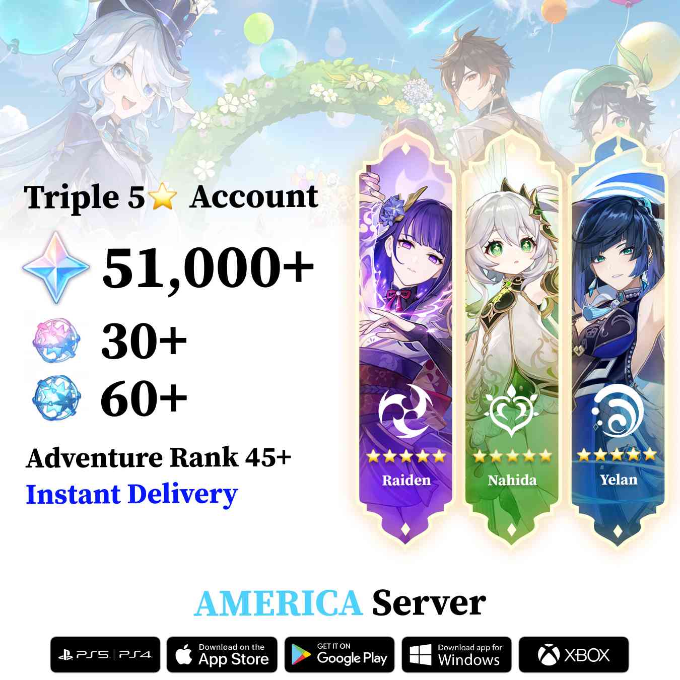 Triple 5 Star with 50.000 Primogems - Genshin Reroll Account [America]