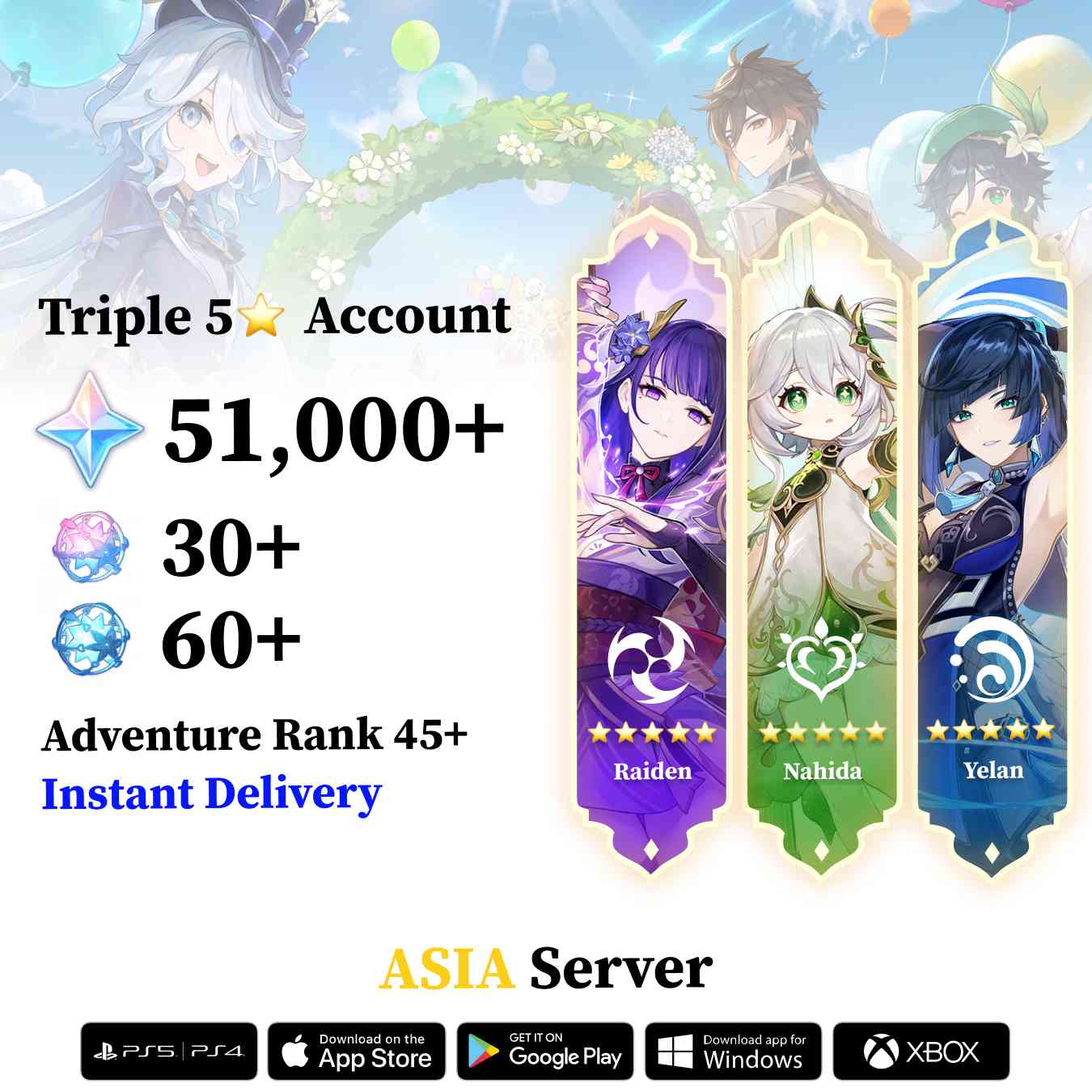 Triple 5 Star with 50.000 Primogems - Genshin Reroll Account [Asia]