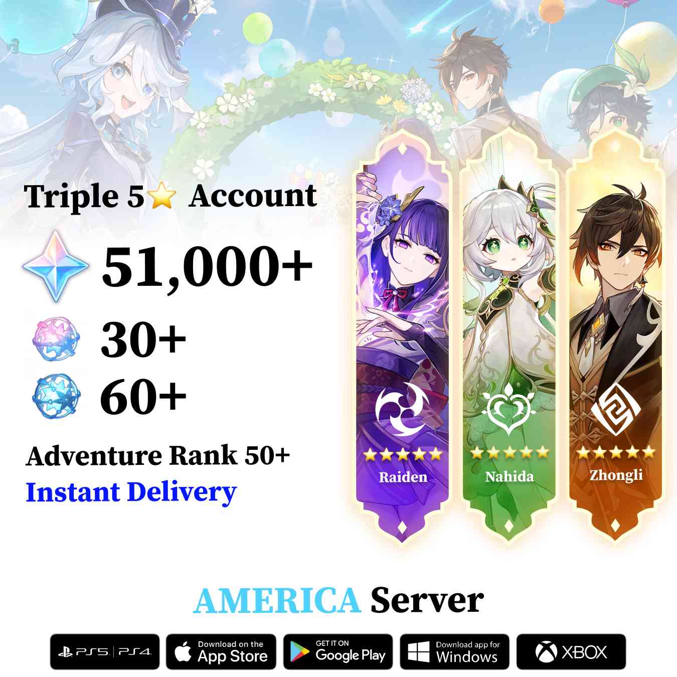 Triple 5 Star with 50.000 Primogems - Genshin Reroll Account [America]