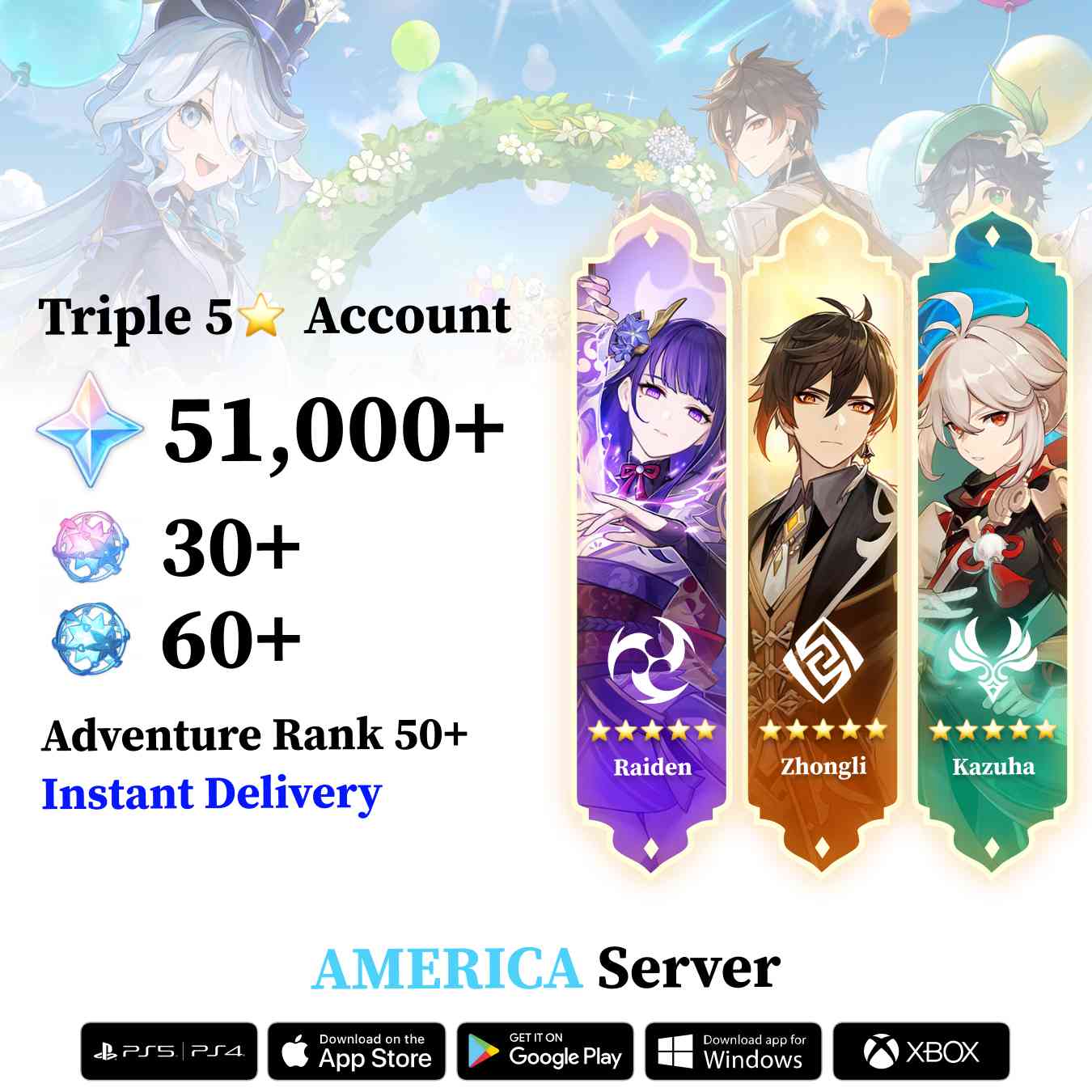 Triple 5 Star with 50.000 Primogems - Genshin Reroll Account [America]