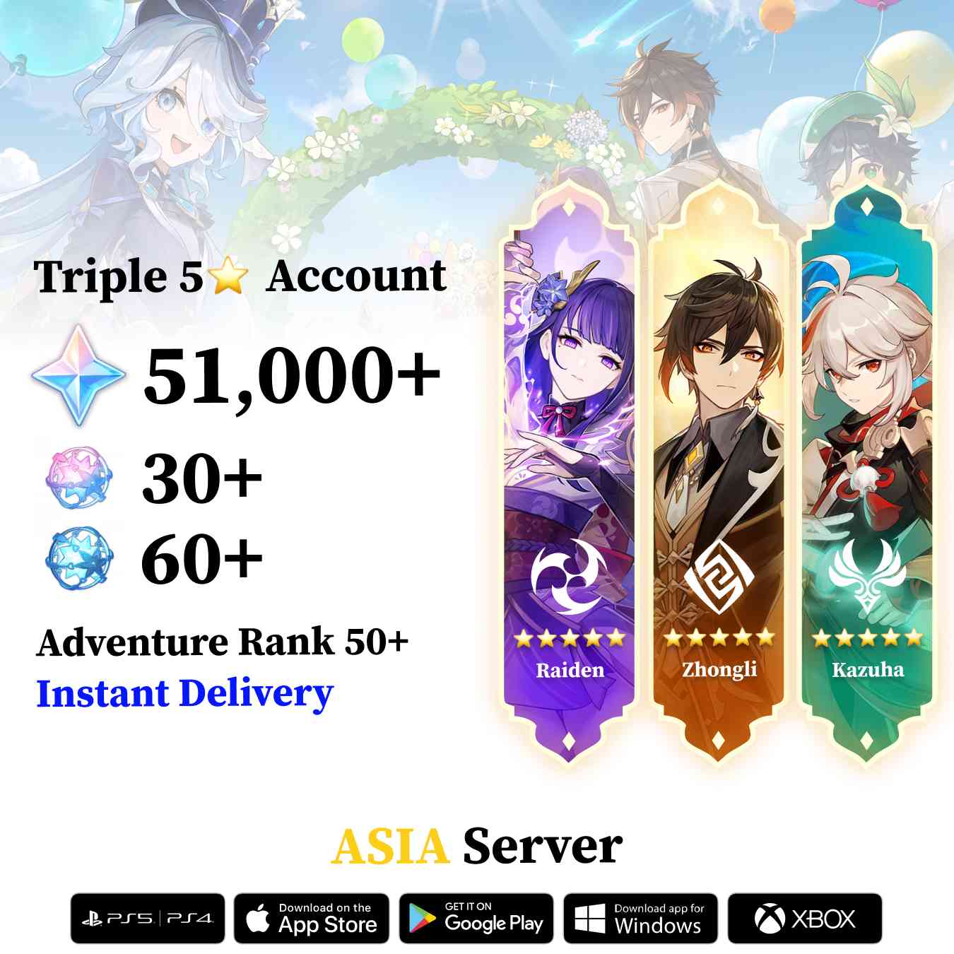 Triple 5 Star with 50.000 Primogems - Genshin Reroll Account [Asia]