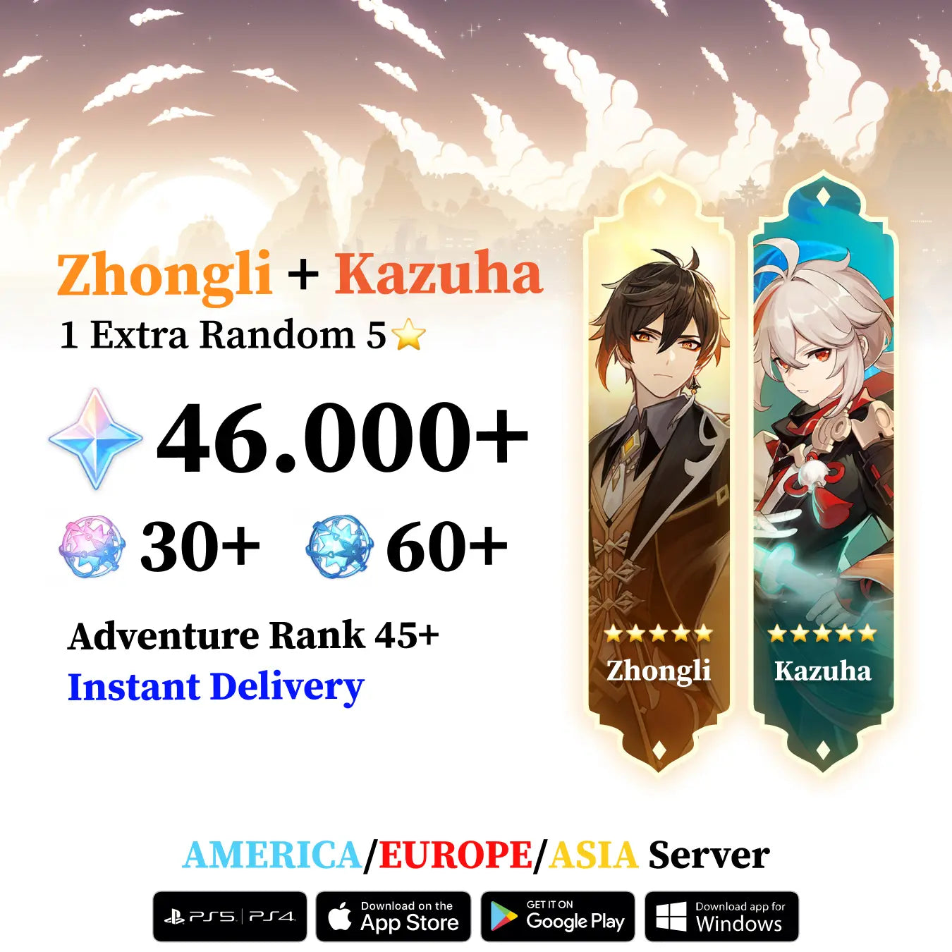 Zhongli Reroll Account with 30.000 Primogems