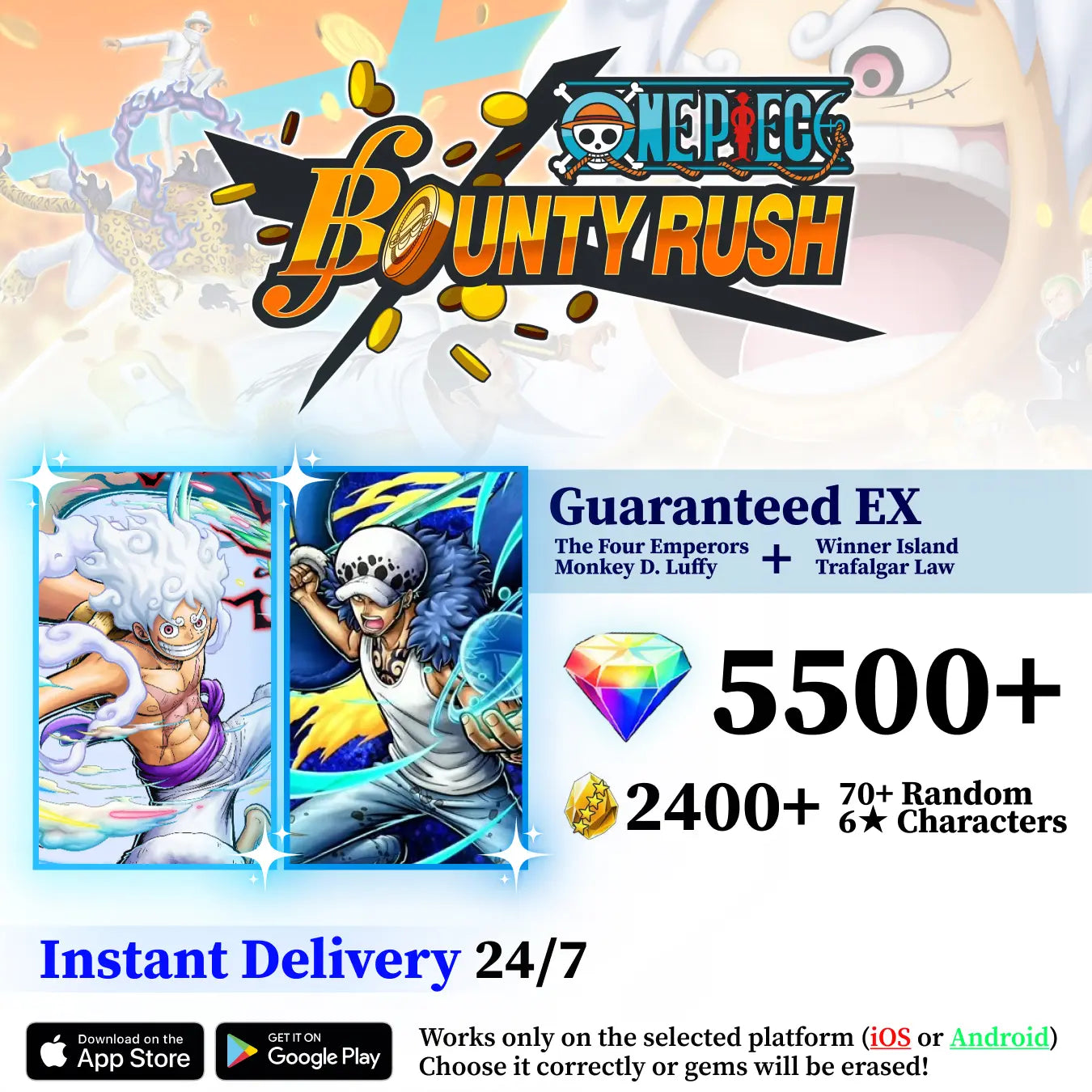 The Four Emperors Luffy with Winner Island Law OPBR Starter Reroll Account [GLOBAL]