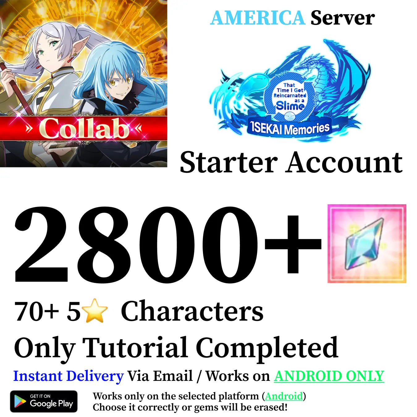 SLIME ISEKAI Memories Starter Reroll Account 2500+ Crystals [America]