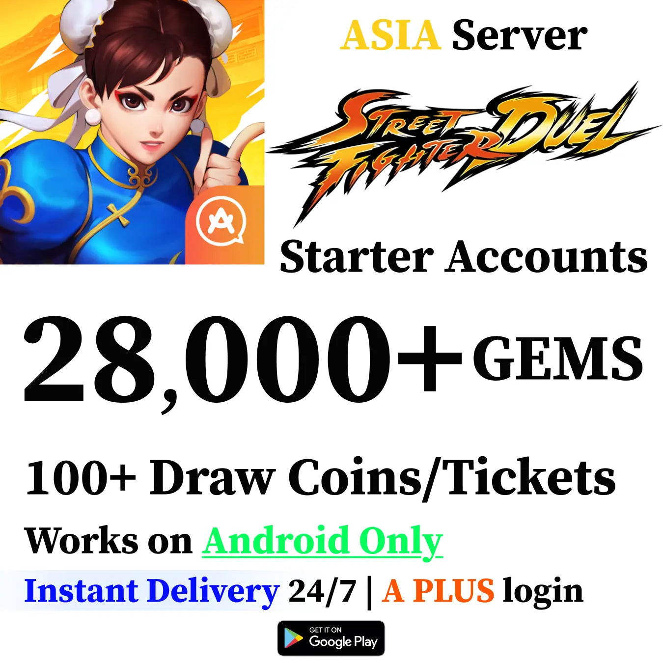 Street Fighter: Duel Starter 28,000+ Gems Asia +100 Tickets (Android)