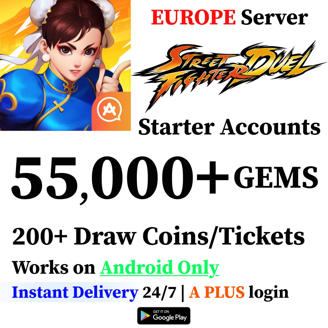 Street Fighter: Duel Starter 55,000+ Gems EU +200 Tickets (Android)