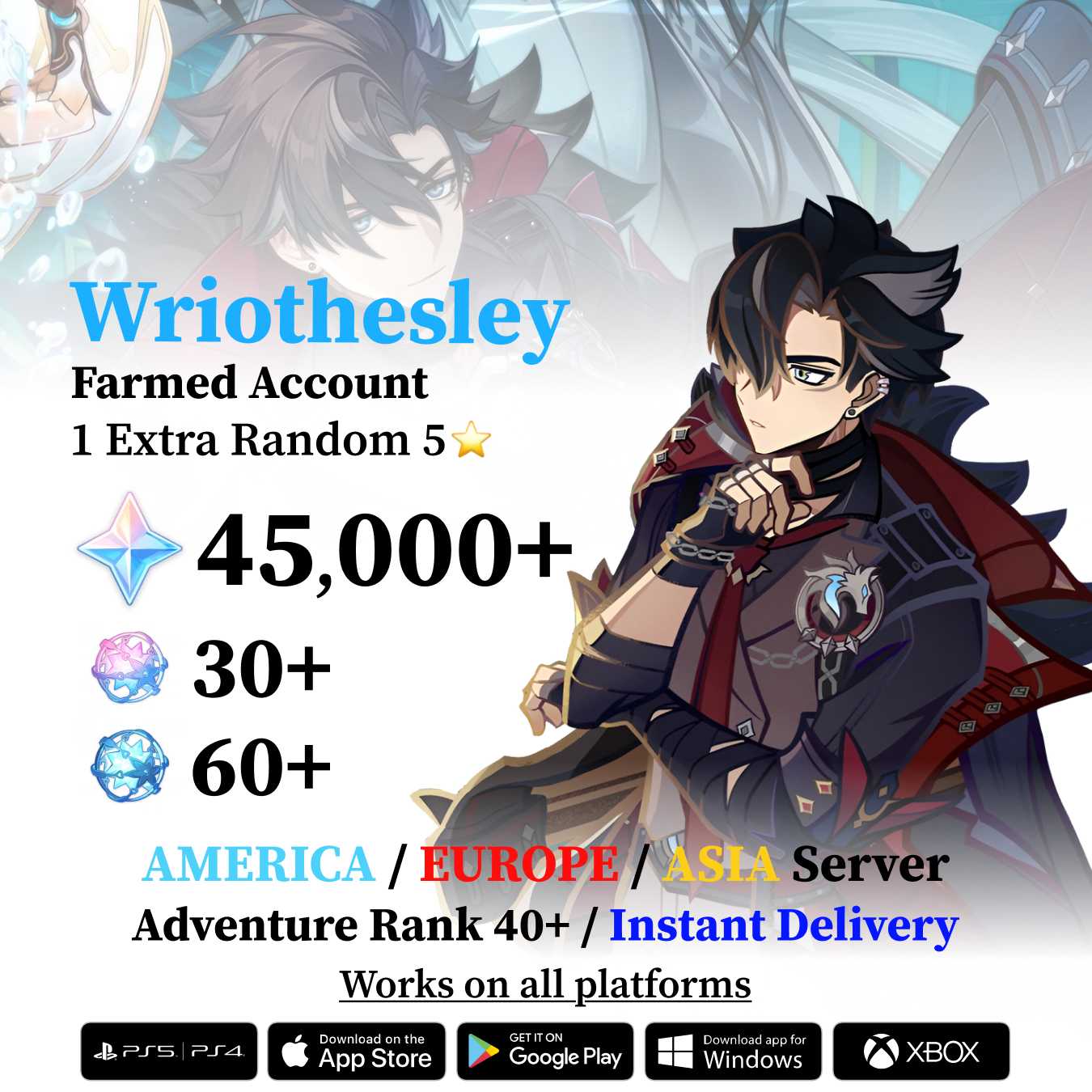 Wriothesley Reroll Account with 30.000 Primogems