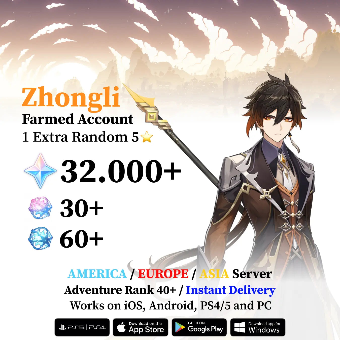 Zhongli Reroll Account with 30.000 Primogems