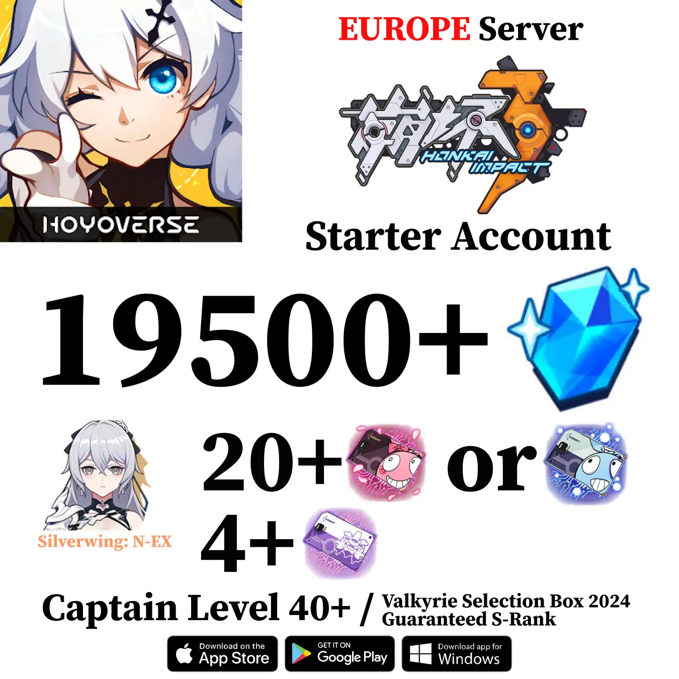 Honkai Impact 3rd Reroll Account with 19500+ Crystals [EUROPE]