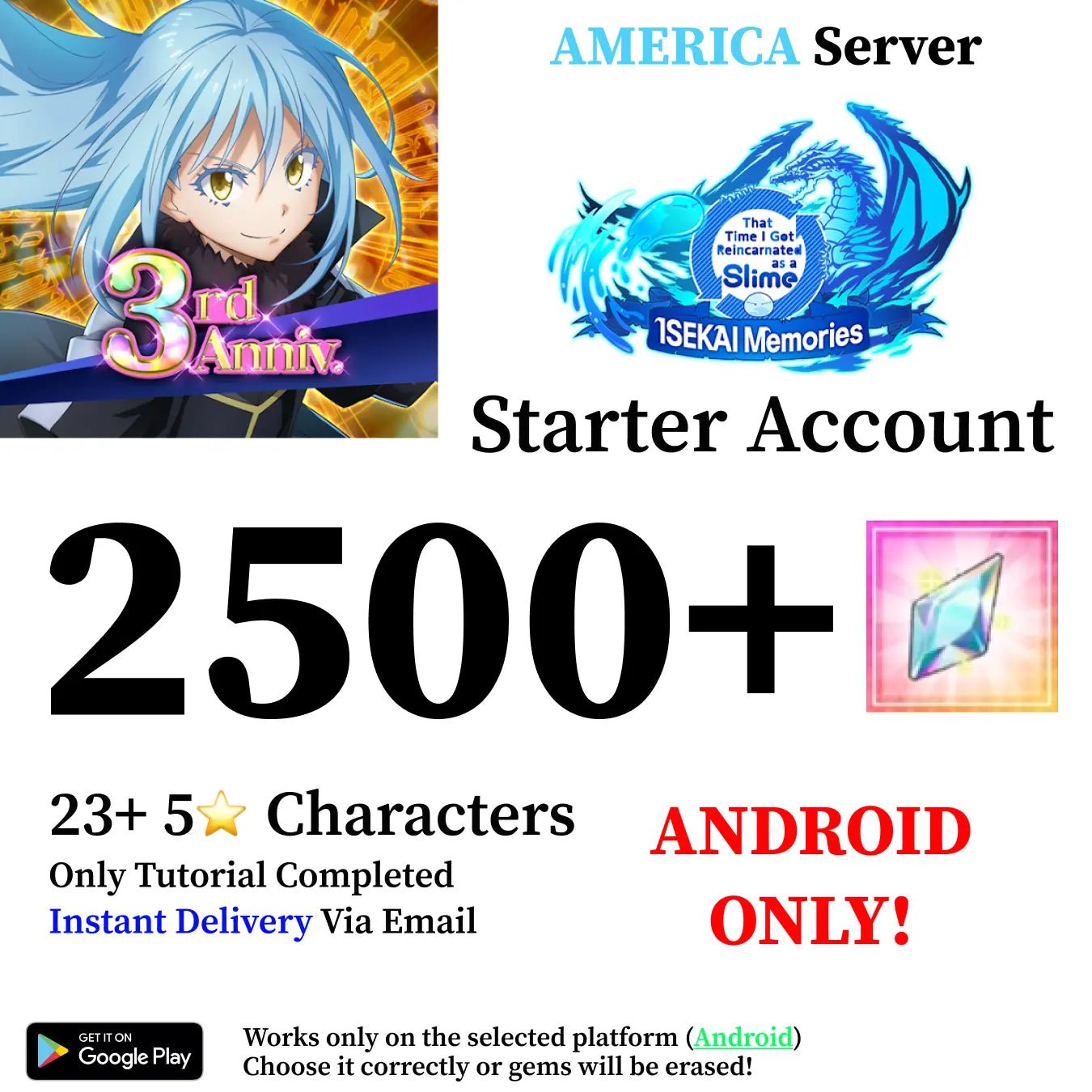 SLIME ISEKAI Memories Starter Reroll Account 2500+ Crystals [America] - Genshin Accounts