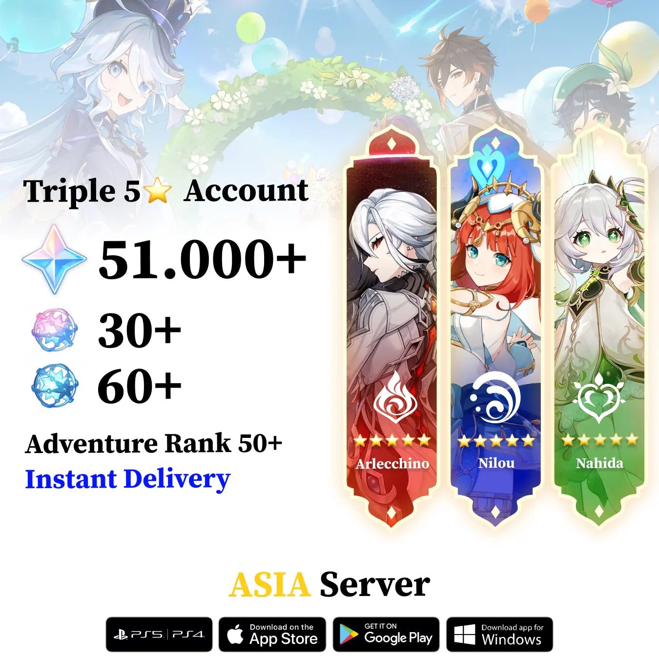 Triple 5 Star with 30.000 Primogems - Genshin Reroll Account [Asia] - Genshin Accounts