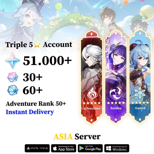 Triple 5 Star with 30.000 Primogems - Genshin Reroll Account [Asia] - Genshin Accounts