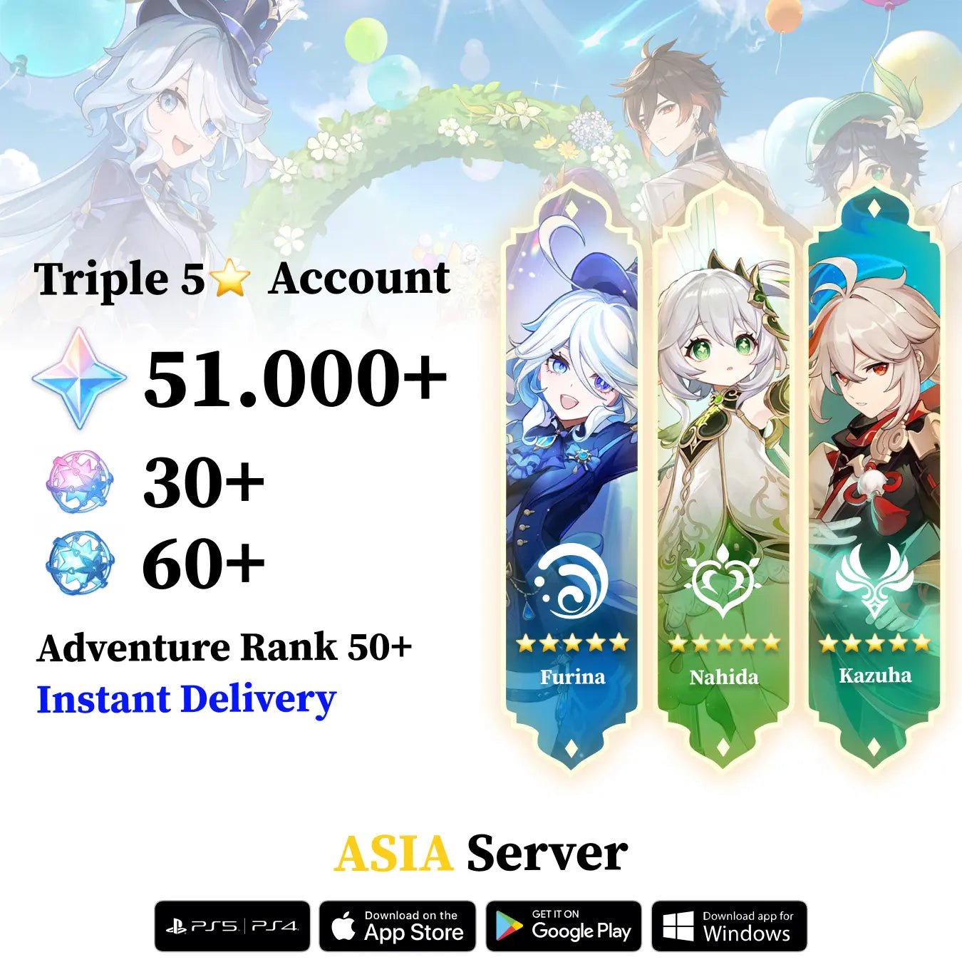 Triple 5 Star with 30.000 Primogems - Genshin Reroll Account [Asia] - Genshin Accounts