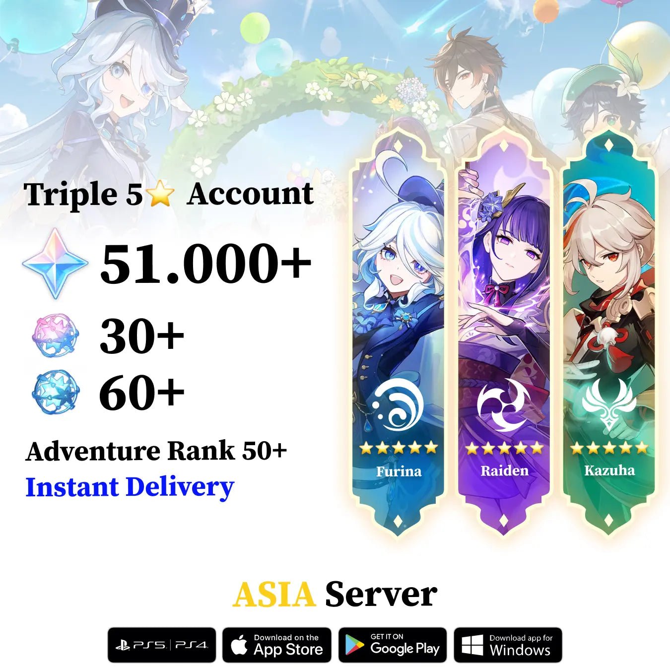 Triple 5 Star with 30.000 Primogems - Genshin Reroll Account [Asia] - Genshin Accounts